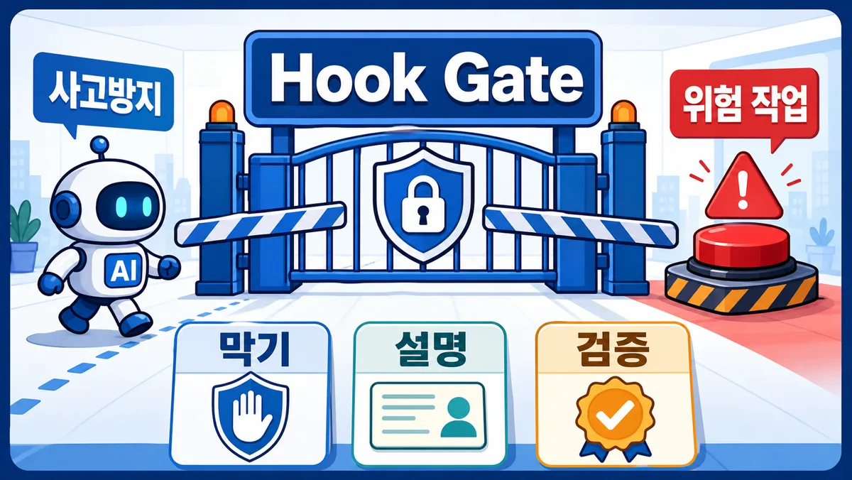 위험한 작업 경계 앞에 hook 검증 게이트가 놓인 구조.
