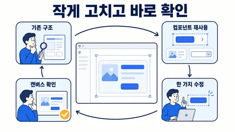 기존 구조를 살펴보고 컴포넌트를 재사용해 한 가지만 수정한 뒤 캔버스에서 확인하는 흐름