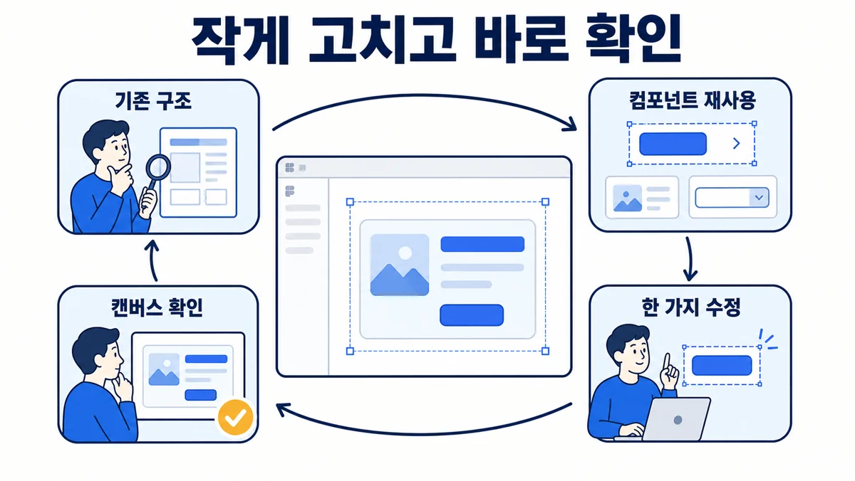 기존 구조를 살펴보고 컴포넌트를 재사용해 한 가지만 수정한 뒤 캔버스에서 확인하는 흐름.