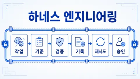 하네스 엔지니어링을 작업, 기준, 검증, 기록, 재시도, 승인 흐름으로 보여주는 다이어그램