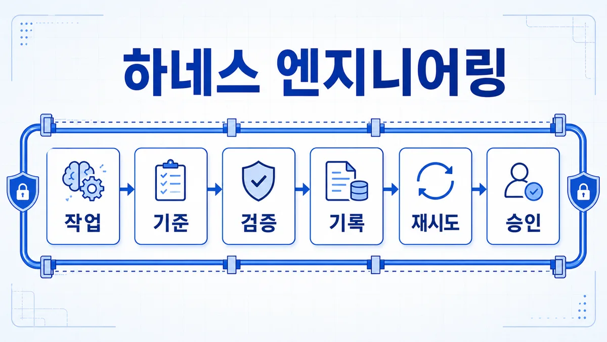하네스 엔지니어링을 작업, 기준, 검증, 기록, 재시도, 승인 흐름으로 보여주는 다이어그램.