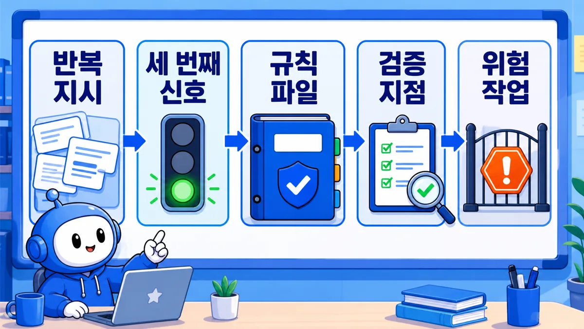 반복 지시가 규칙 파일과 검증 지점으로 정리되는 흐름.