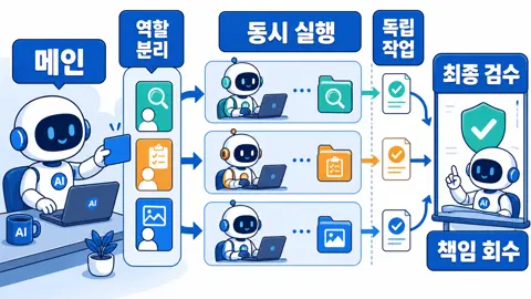 메인 에이전트가 역할을 나누고 독립 작업만 병렬로 돌린 뒤 최종 검수로 회수하는 구조