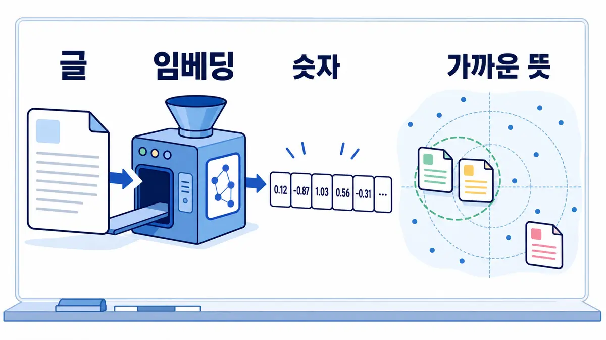 글을 임베딩으로 숫자 벡터로 바꾸고 가까운 뜻의 문서를 찾는 흐름