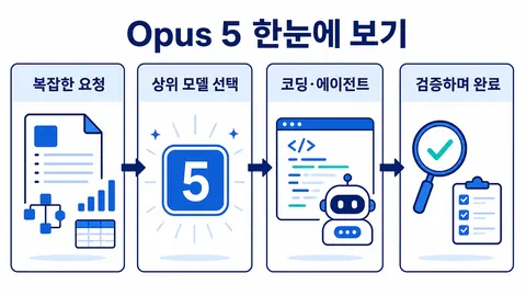 Claude Opus 5 모델 이름이 코딩 에이전트 도구 옆에 놓이고, 상위 모델 선택지로 정리되는 그림
