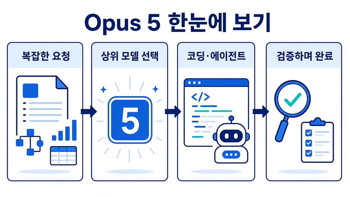 Claude Opus 5 모델 이름이 코딩 에이전트 도구 옆에 놓이고, 상위 모델 선택지로 정리되는 그림