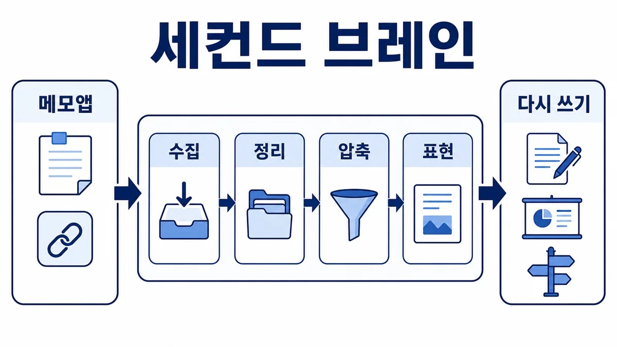 메모앱에서 세컨드 브레인 흐름을 거쳐 자료가 다시 쓰기로 이어지는 다이어그램